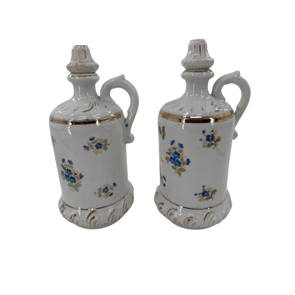 German Ceramic Oil & Vinegar Dispenser Set Blue Floral Design Gold Accents - Picture 2 of 7